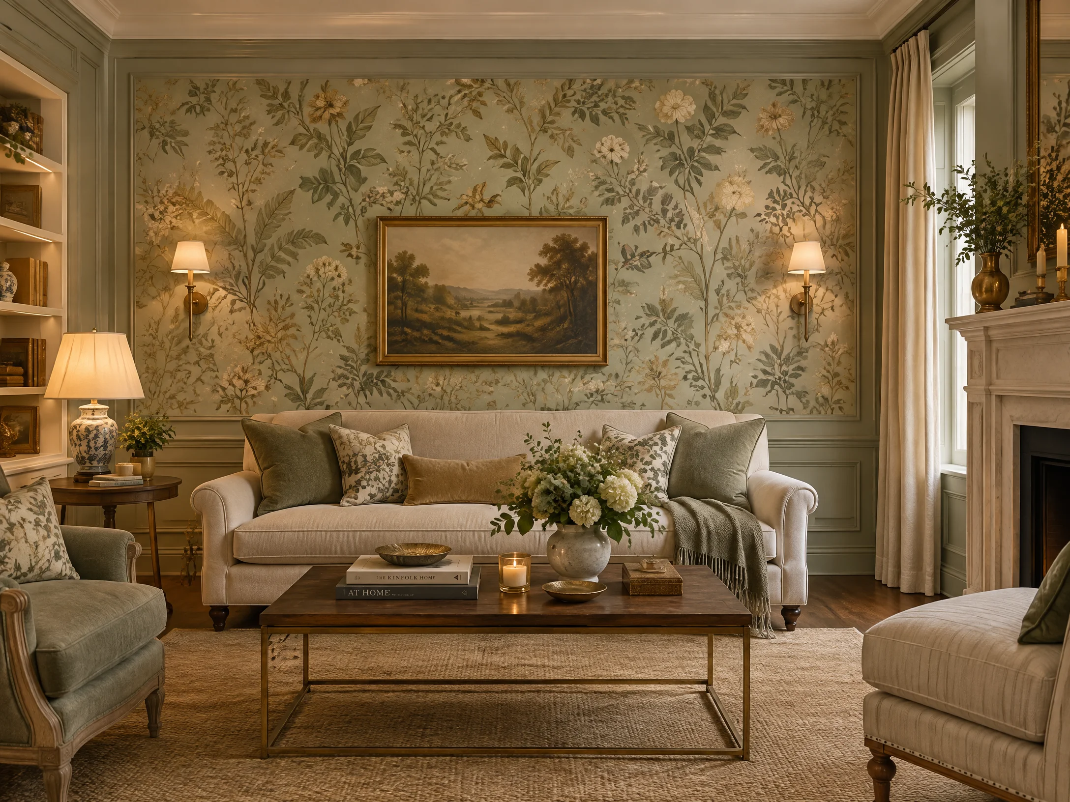 Cozy Living Room Feature Wall professionally wallpapered by Clementon Maison