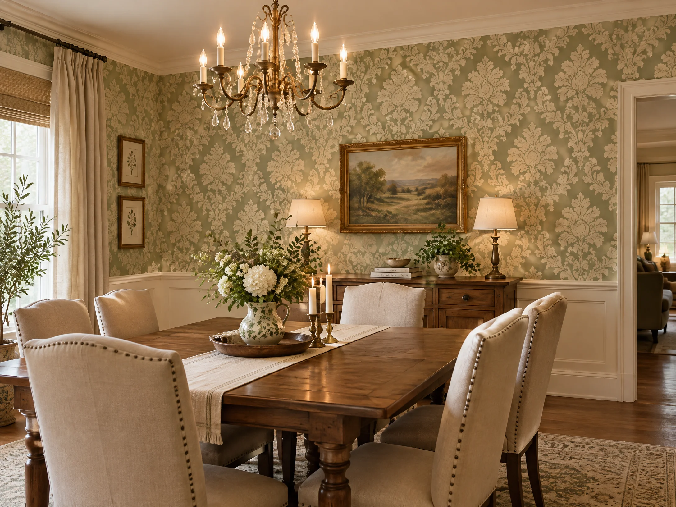 Comfortable Dining Room Installation with classic damask pattern