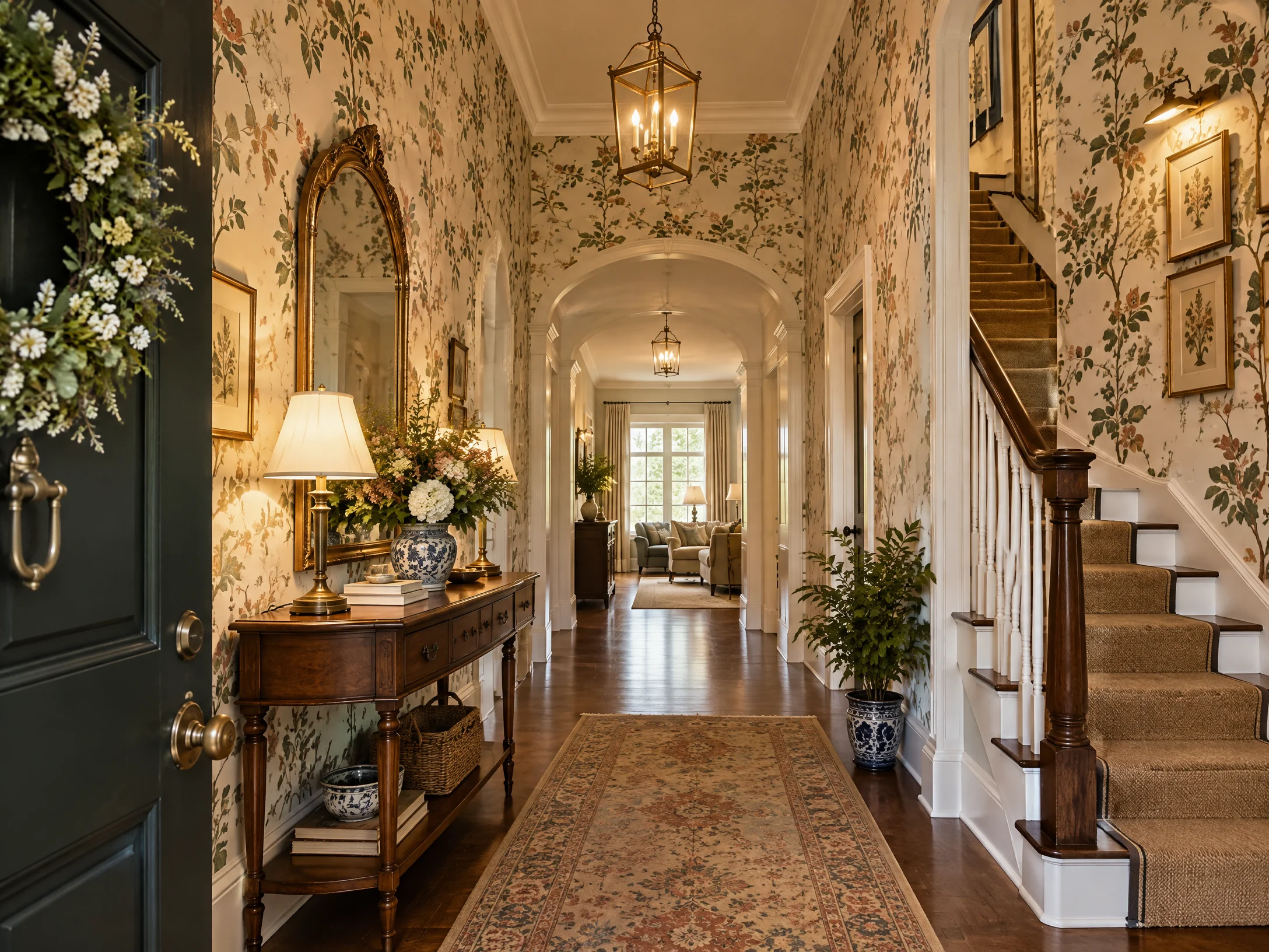 Welcoming Hallway Design with elegant floral wallpaper