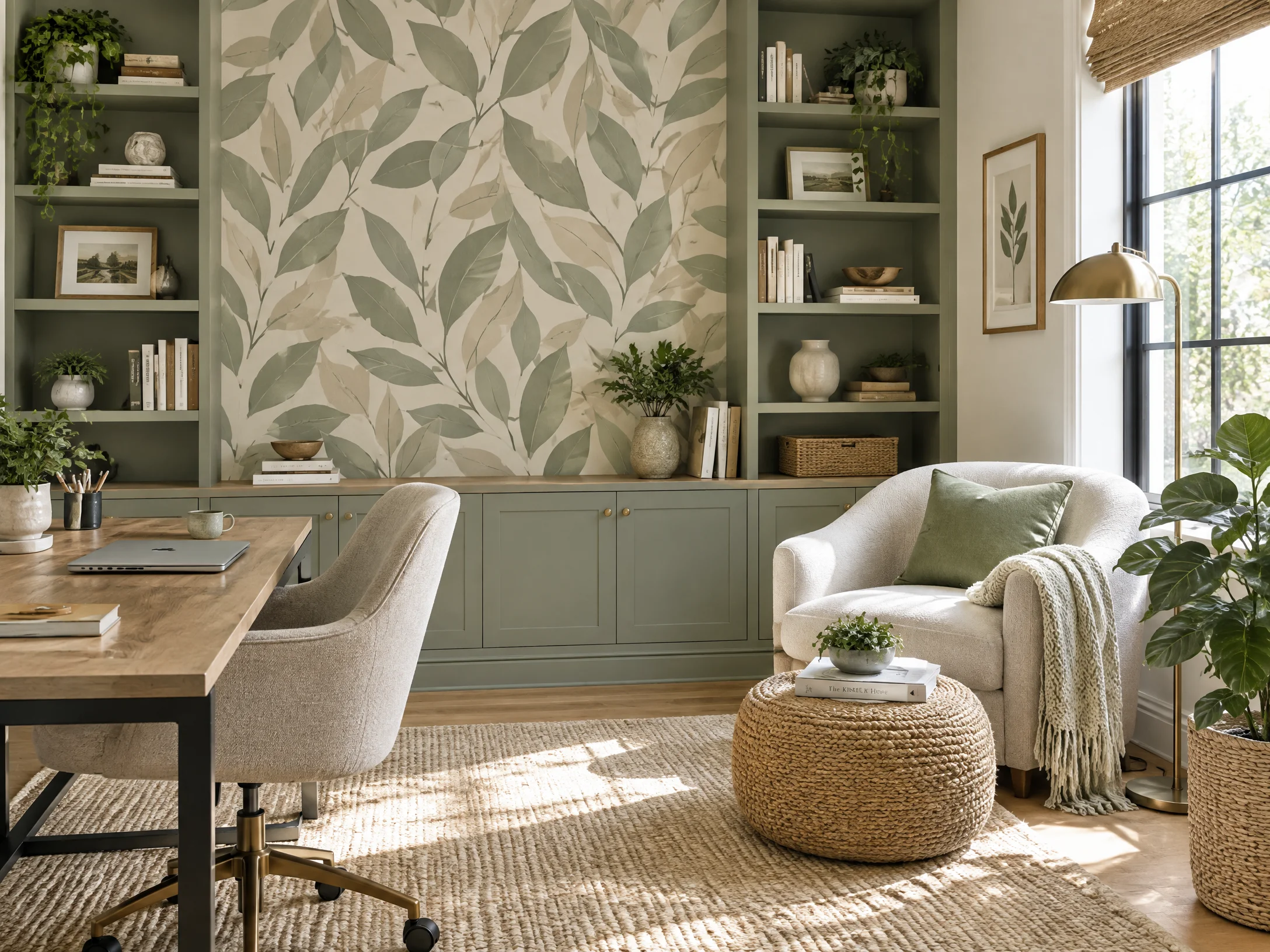 Beautiful Home Office Accent with organic leaf wallcovering